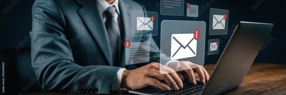 Poster person working on a laptop with email notifications displayed.