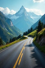 A winding road disappearing into a scenic mountain range, signifying the exciting possibilities and challenges of a new journey Explore the unknown, embrace adventure , getaway, scenic route