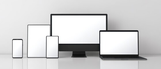 The collection of modern devices with blank screens on a minimalist workspace.