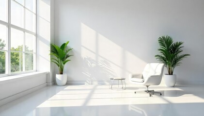 Naklejka premium Bright, minimalist white office interior with modern furniture and natural light streaming through large windows Perfect for corporate, business, or real estate imagery , open plan, modern, desk