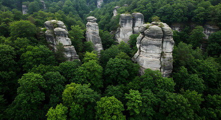 Majestic Rock Formations in Lush Green Forest Aerial View