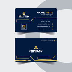 Professional Navy Blue and Gold Business Card Design with Classic Layout. Modern professional business card in navy blue background with shiny golden accents.