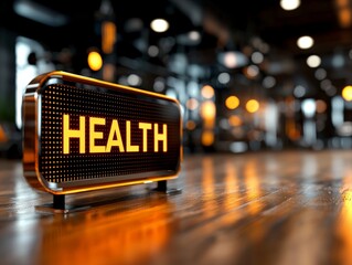 Illuminated Health Sign in Modern Urban Atmosphere for Wellness Promotion, Fitness and Medical Concepts