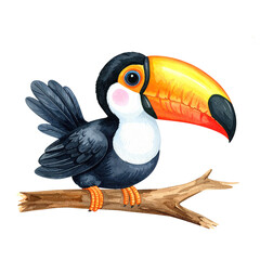 Fototapeta premium Cute Toucan on Branch: An adorable cartoon toucan perched on a branch, showcasing its vibrant colors and large beak. This charming illustration is perfect for children's books, websites.