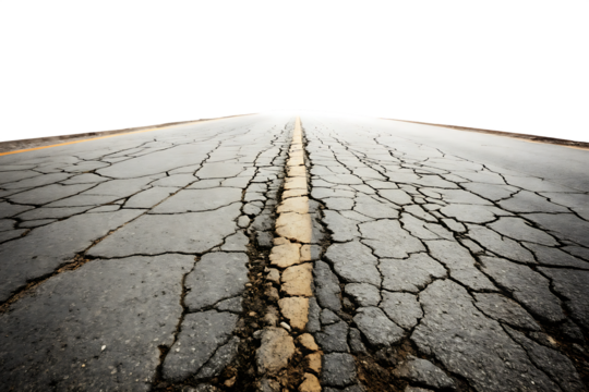 Cracked asphalt road with yellow line isolated on a transparent background