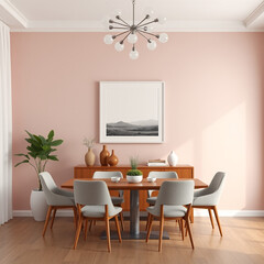 frame mockup for dining room wall art in pastel tones showcasing mid-century modern style above buffet textured plaster wall design 3d render iso a2 landscape format for interior decor