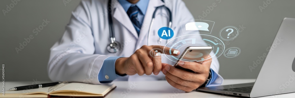 Poster doctor using a smartphone with ai-related interface.