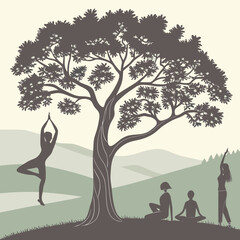 Silhouette of people practicing yoga under a large tree with a mountain range in the background landscape view