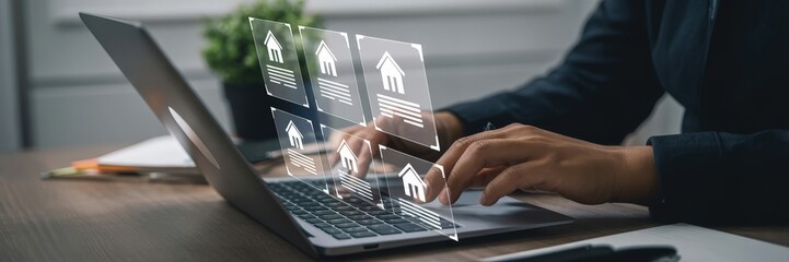Person using a laptop computer with digital home listings.