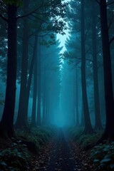 Naklejka premium Dark, brooding forest scene at night Deep shadows, dense trees, and an air of mystery pervade the image Perfect for gothic, fantasy, or horror themes , leaves, undergrowth