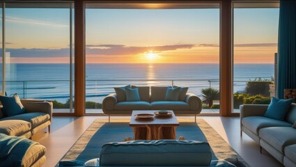 Fototapeta premium Coastal living room with panoramic ocean views at sunset.