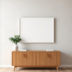 blank canvas mockup in contemporary dining room stylish frame mockup for wall art above buffet modern design textured plaster wall pastel colors mid-century modern aesthetic 3d illustration stylish de