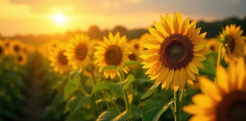 Obraz premium Golden hour sunlight bathes a lush field of ripening sunflowers, buzzing with bees A quintessential summer harvest scene, ripe for the picking , bees, day