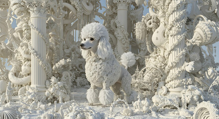 White Poodle in a Surreal Whimsical Garden Sculpture