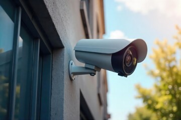 High-definition CCTV camera mounted on a building exterior, providing comprehensive security surveillance , high-resolution, public safety, night vision