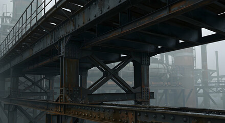 Rusty Industrial Bridge Foggy Day Steel Structure