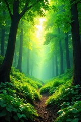 Obraz premium Lush green forest scene, vibrant foliage, sunlight dappling through leaves, creating a tranquil and serene atmosphere Perfect for nature, ecology, and environmental themes , wild, serene