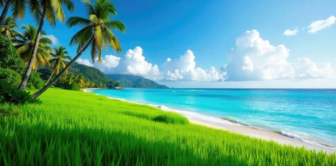 Obraz premium Lush green rice paddies meet the turquoise Indian Ocean under a vibrant tropical sky in Sri Lanka Palm trees sway gently in the warm breeze, creating a serene and idyllic scene , sky, vacation, ocean