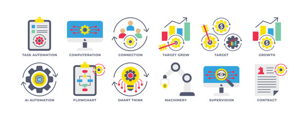Business Automation Icon Set, Target, Growth, Supervision, Flowchart, Machinery, Connection and more. Perfect for presentations, Website and app designs. Icon Flat Style.