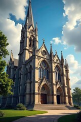Obraz premium Majestic church building with intricate architectural details, soaring spires, and stained glass windows A place of worship and serene beauty , peace, brick, monument