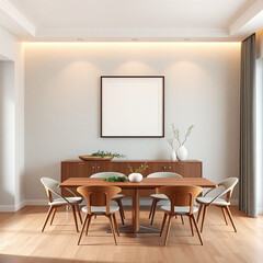 frame mockup for dining room in mid-century modern style textured plaster wall art above buffet in pastel tones iso a2 landscape 3d render for interior design print display decoration