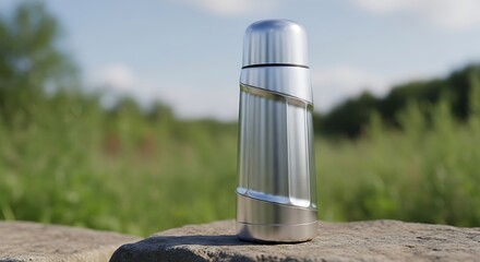 Naklejka premium Sleek Stainless Steel Vacuum Insulated Flask for Outdoor Adventures