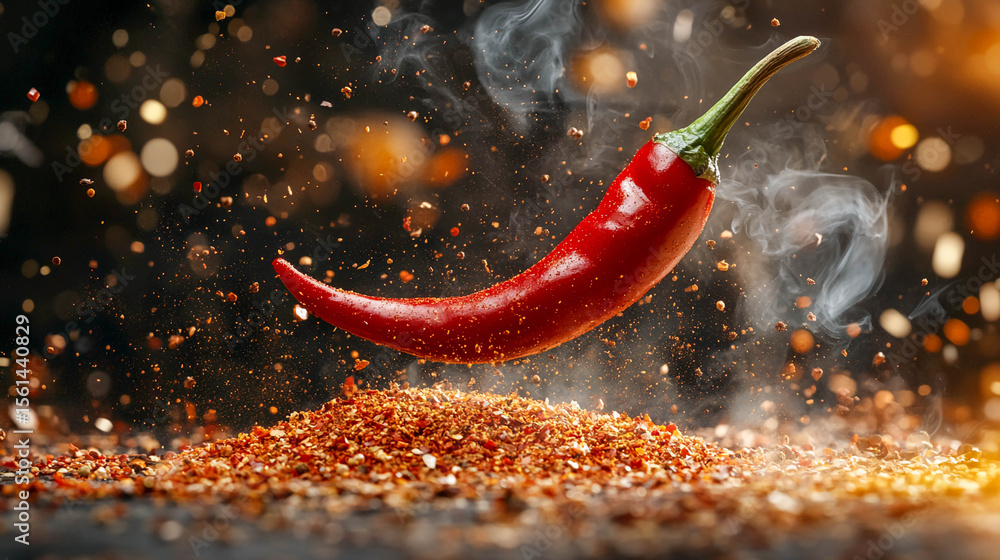 Poster a bright red hot pepper that is in motion. small particles of spices and peppers are scattered aroun