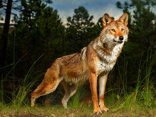 Fototapeta premium Red wolves in natural settings, captured in a collage ideal for wildlife-themed designs.