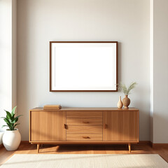 blank frame mockup in dining room stylish modern decor above buffet textured plaster wall pastel tones mid century modern aesthetic high quality 3d render customizable wall art display home interior d