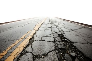 Cracked asphalt road with yellow lines isolated on a transparent background