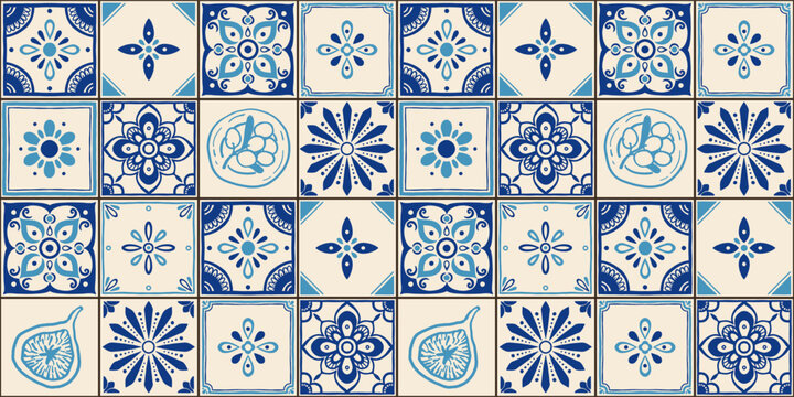 Mediterranean ceramic tiles seamless pattern. Azulejo arabesque. Portuguese, Spanish, Turkish, Indian, Islamic, Arabic decor. Geometrical and floral traditional national ornament. Vector illustration.