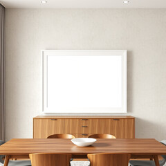 frame mockup for dining room wall art in pastel tones showcasing mid century modern style above buffet textured plaster wall design perfect for interior decor inspiration 3d render landscape format