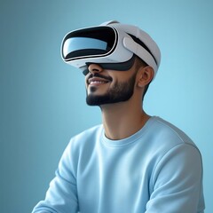 A modern, realistic portrait of a young adult man wearing a sleek, futuristic white virtual reality (VR) headset. He has a short beard and is dressed in a casual light blue sweatshirt and a white cap.