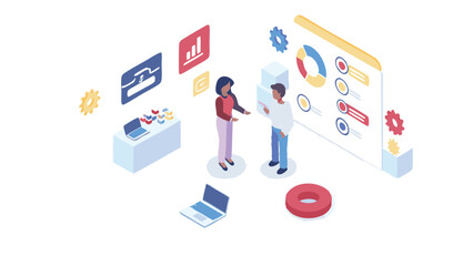 Fototapeta premium Isometric illustration of a business meeting with data charts and laptop computers displayed around