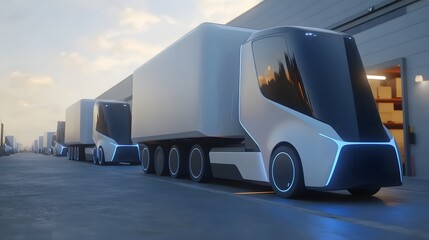 Fototapeta premium Futuristic electric trucks lined up in a warehouse.