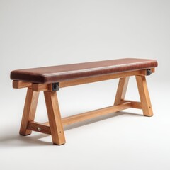 Sturdy oak bench with brown leather padded seat, A-frame legs, and simple design