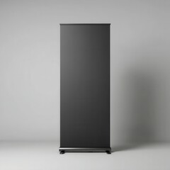 A tall, slender black retractable banner stand on a light gray background, ready for customizable design