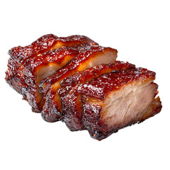 Sliced Red Barbecued Pork Belly Roast Closeup isolated on a transparent background red pork roast pork