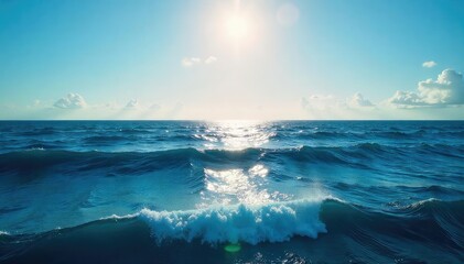 Vast expanse of the Atlantic Ocean, deep blue waters stretching to the horizon, sun reflecting on the waves Perfect for travel, nature, and ocean-themed projects , water, serenity, landscape