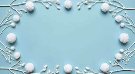 Winter Wonderland White Pom Poms Branches Frame Pastel Blue Background