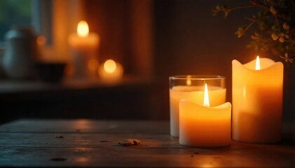 Warm, flickering candlelight illuminates a cozy interior scene, casting soft shadows and creating a romantic ambiance Perfect for home decor, relaxation, and spa themes , comfort, romantic