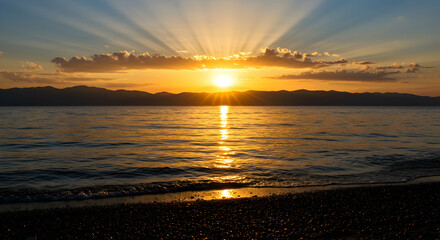 Spectacular Sunset Over Calm Ocean Waves Golden Hour