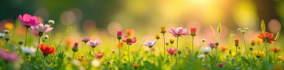 Vibrant wildflowers in full bloom, bathed in the warm sunlight of a beautiful spring day Delicate petals, lush green foliage, a perfect scene of renewal and natural beauty , season, botany