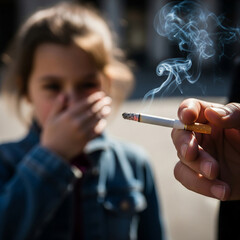 Harm from passive smoking. Little girl covers her nose with her hand because a man smokes nearby on the street, focus on the cigarette, the girl is blurred