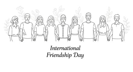 Diverse Group of Friends Holding Hands, Line Art Illustration for Friendship Day