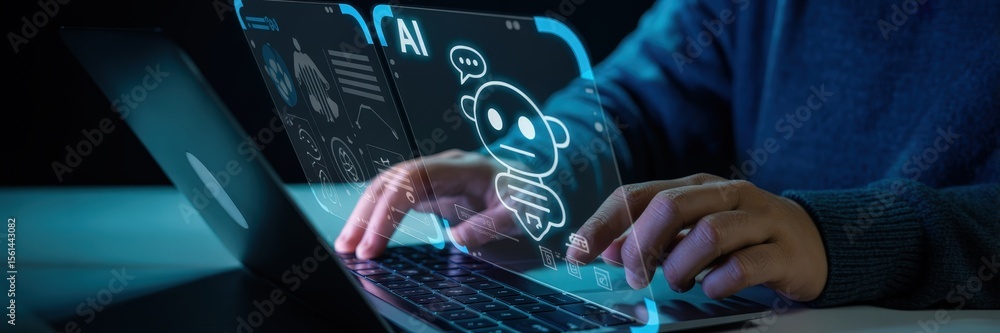 Poster hands typing on a laptop with an artificial intelligence interface.