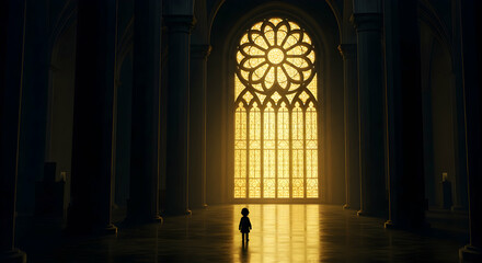 Child Silhouette in Majestic Cathedral Golden Light
