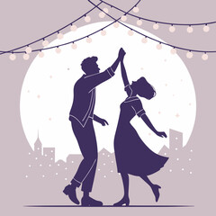 Silhouette of a couple dancing under string lights with a city skyline and a full moon in the background