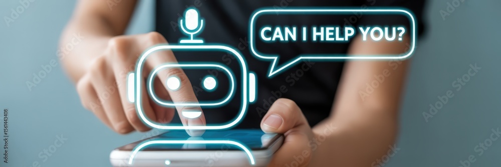 Poster a person interacts with a virtual robot assistant on a touch screen.