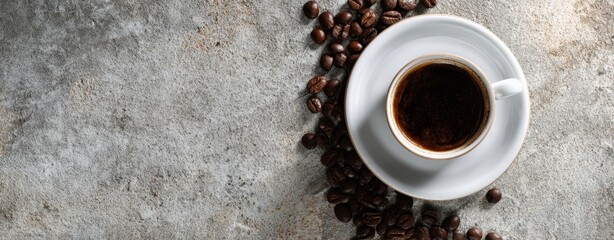 The coffee cup surrounded by aromatic coffee beans on a rustic surface.